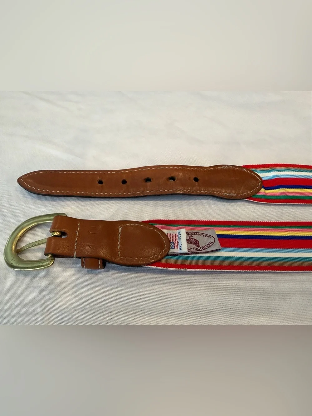 Barrons—Hunter Multicolor Stripe Belt with Brown Leather/Brass Buckle Sz 40